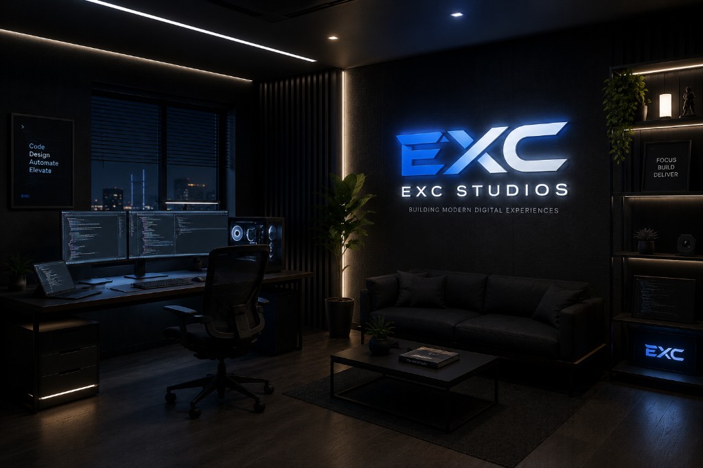 EXC Studios workspace with dual monitors, desk and lounge area